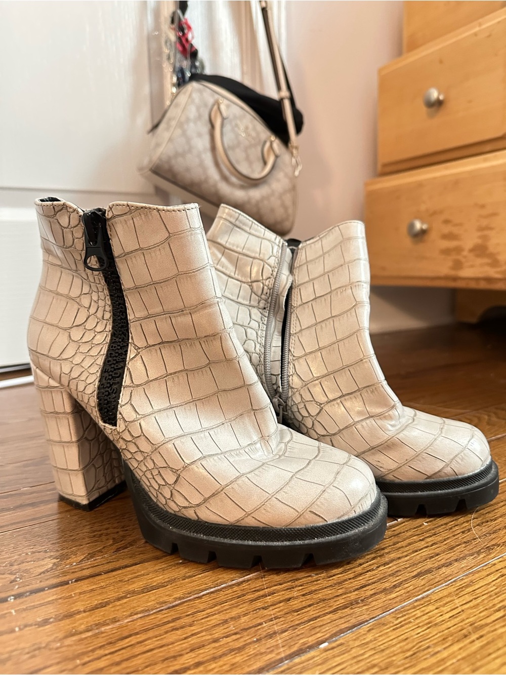 Bed Stu Cream Croc-Embossed Chunky Heel Ankle Boots